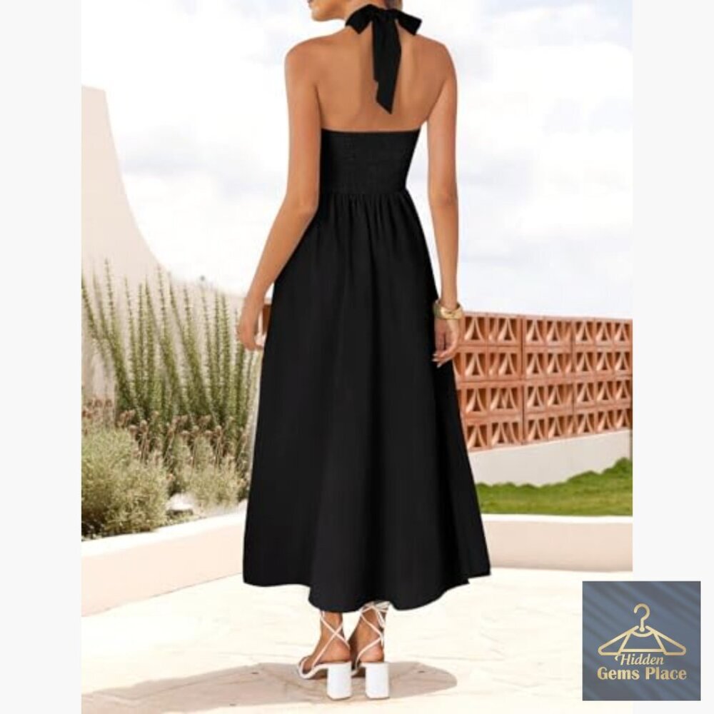 Sleeveless Halter Midi Dress High Waist Backless Off Shoulder Summer Beach - Picture 3 of 7